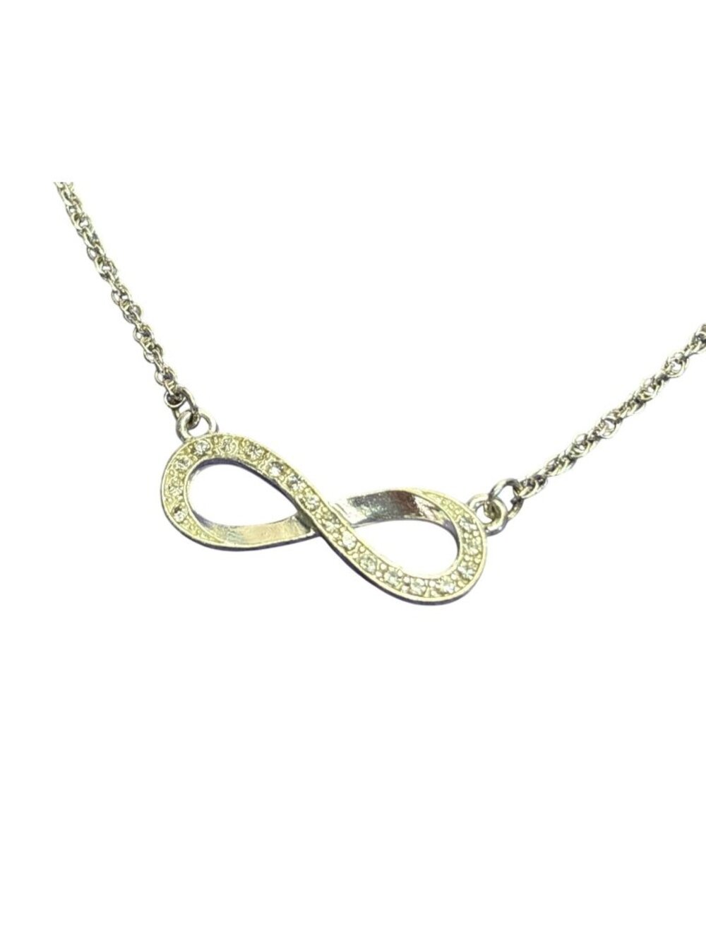 Silvertone Infinity Symbol Clear Rhinestone Necklace Lobster Clasp 16 - 19 inch